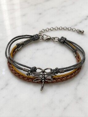 Multi-Strand Dragonfly & Infinity Bracelet - Gray, Brown, Mustard